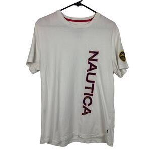 Nautica Mens Vertical Logo Crewneck Patch Emblem Cotton White T-Shirt Medium